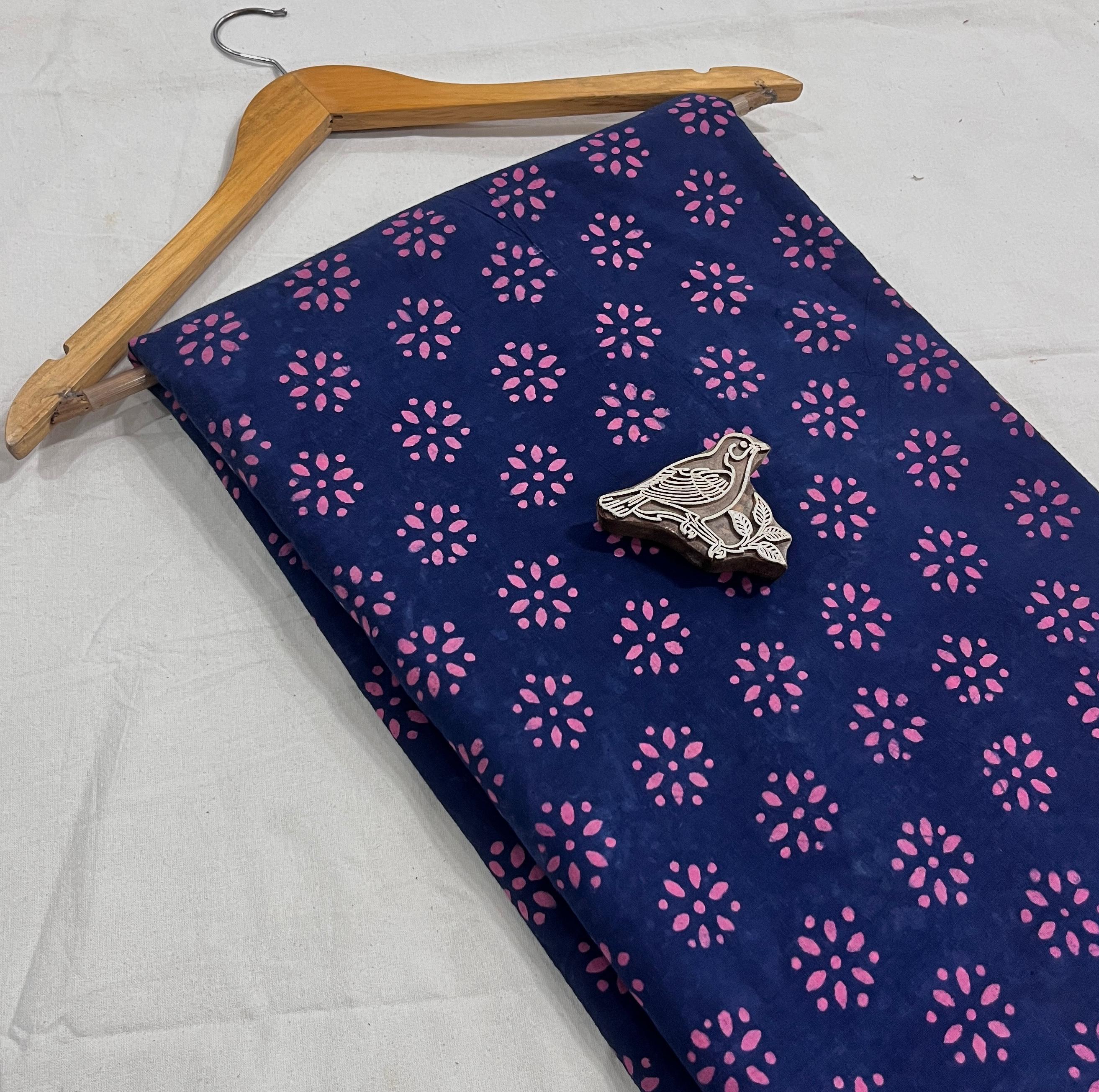 Navy pink floral pure cotton Dabu handblock print fabric, artisan-made for boutique wholesale.